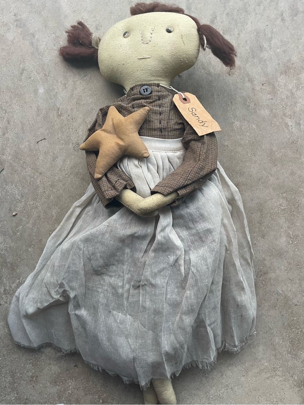 Primitive Cream Skirt Doll with Brown Checked Bodice and Mustard Star